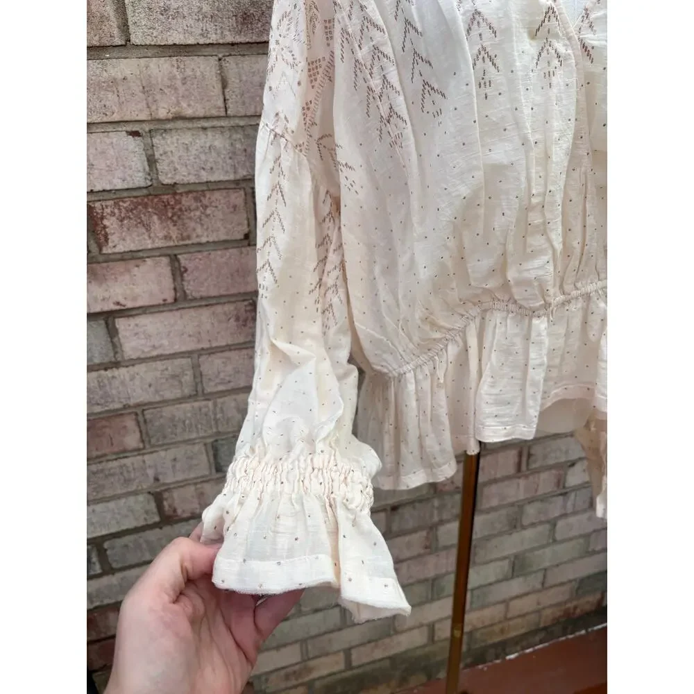 Free People Counting Stars Peplum Top Large Cream Gold Metallic Ruffle Peasant